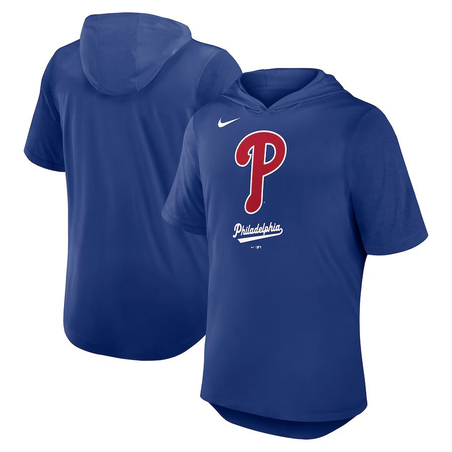 Men 2025 MLB Philadelphia Phillies Blue Hooded T-shirt->mlb t-shirts->Sports Accessory
